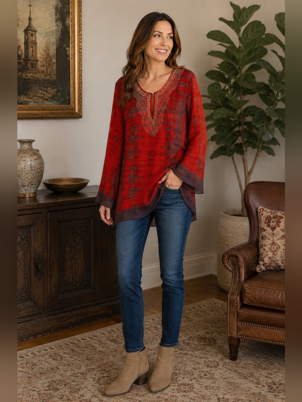 Ashley Stewart Red Tie Dye Embellished Tunic Top Women’s Size 3X Boho Blouse